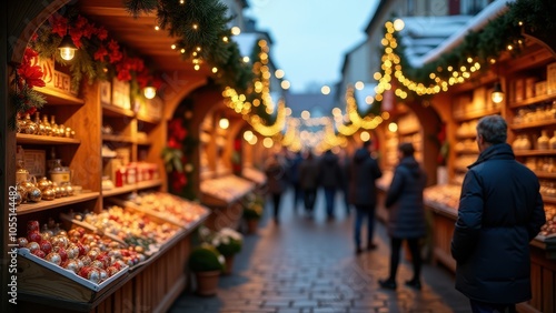 Warm Christmas market scene with twinkling lights, vibrant ornaments, and cozy atmosphere. People stroll, exploring festive stalls lined with decorations.