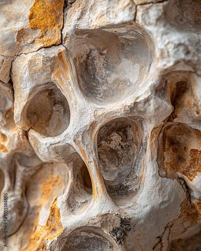 closeup of rough textured weathered rock with holes and crevices  abstract background texture  natural stone  sandstone  cliff formation  natural patterns  eroded  weathered  outdo photo