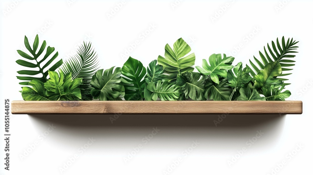 empty natural wooden shelf with lush green tropical leaves
empty natural wooden shelf with lush green tropical leaves