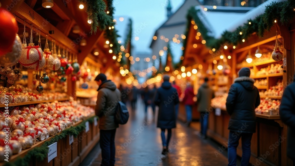 Obraz premium Warm Christmas market scene with twinkling lights, vibrant ornaments, and cozy atmosphere. People stroll, exploring festive stalls lined with decorations.