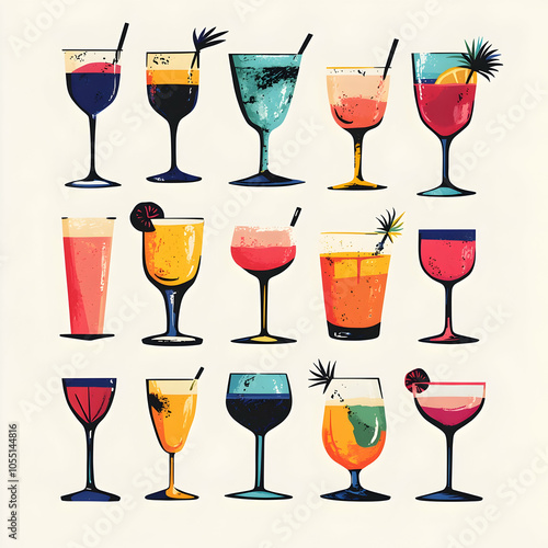 Collection of 15 colorful cocktails in glasses on a white background.