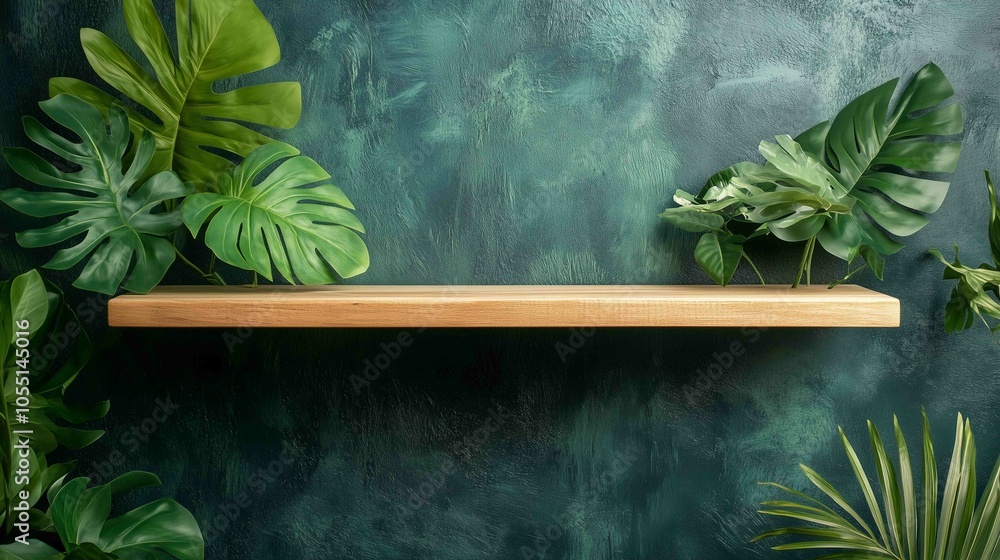 empty natural wooden shelf with lush green tropical leaves
empty natural wooden shelf with lush green tropical leaves