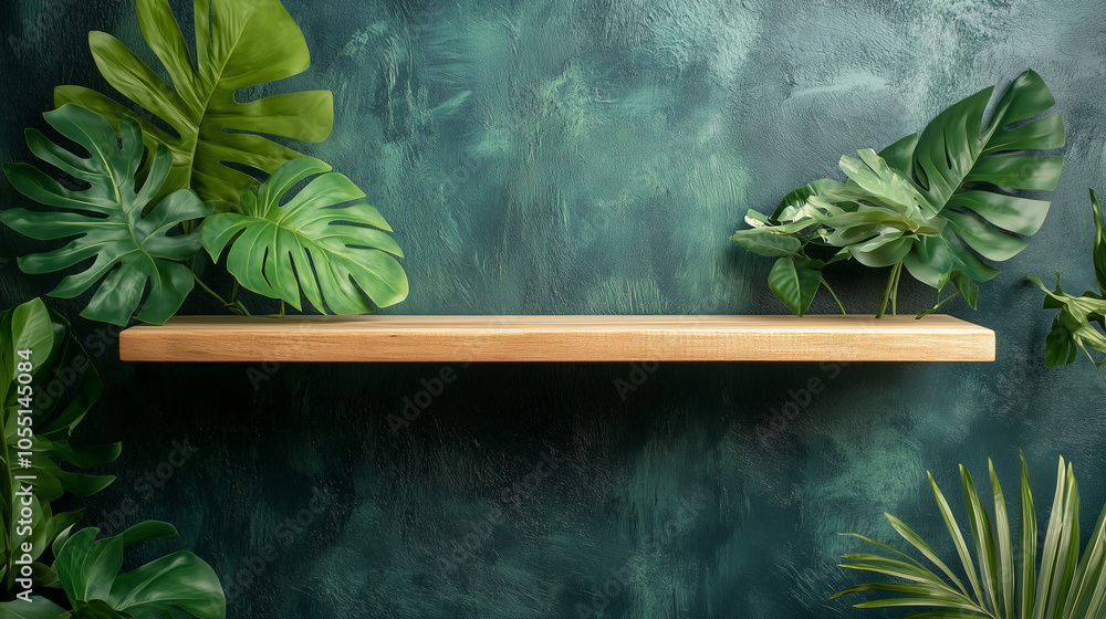 empty natural wooden shelf with lush green tropical leaves
empty natural wooden shelf with lush green tropical leaves