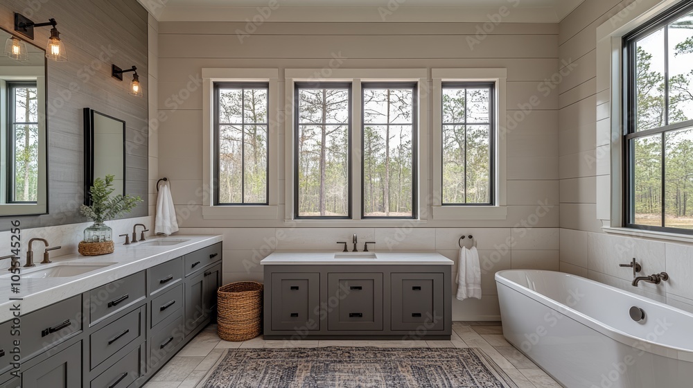 Modern bathroom with a large bathtub, double vanity, and three windows overlooking a wooded area. Modern bathroom with a large bathtub, double vanity, and three windows overlooking a wooded area.