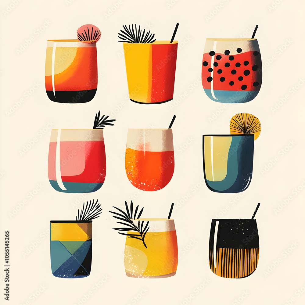 Colorful illustration of nine summer cocktails with various fruits and garnishes in glasses. Colorful illustration of nine summer cocktails with various fruits and garnishes in glasses.