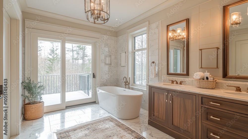 Fototapeta premium Modern bathroom with a white bathtub, wooden vanity, and a large window overlooking a patio.