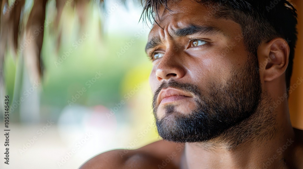 Fototapeta premium Sad Indigenous Man with Dark Skin Looking Away