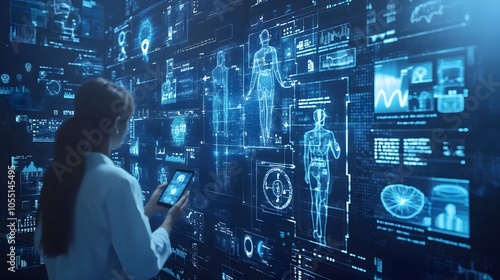 Medical technology future augmented reality background. Doctor surgeon interact 3D graphic user interface VFX hologram data patient brain record on touch screen, healthcare research network connection