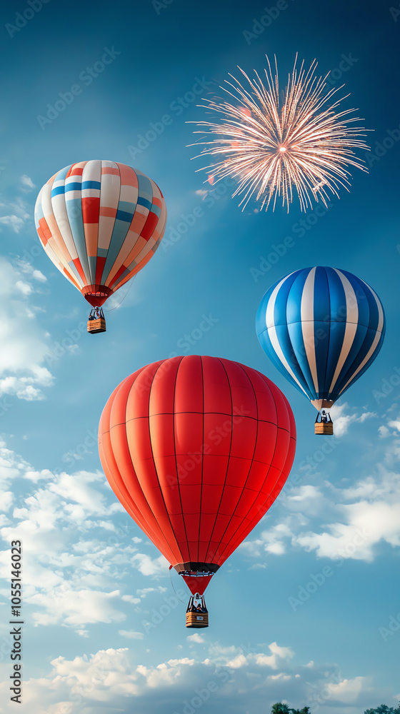 Obraz premium A stunning evening sky filled with vibrant hot air balloons and dazzling fireworks