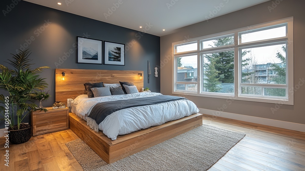 Modern bedroom with a king size bed, large windows, wooden floor, and a plant in a corner. Modern bedroom with a king size bed, large windows, wooden floor, and a plant in a corner.