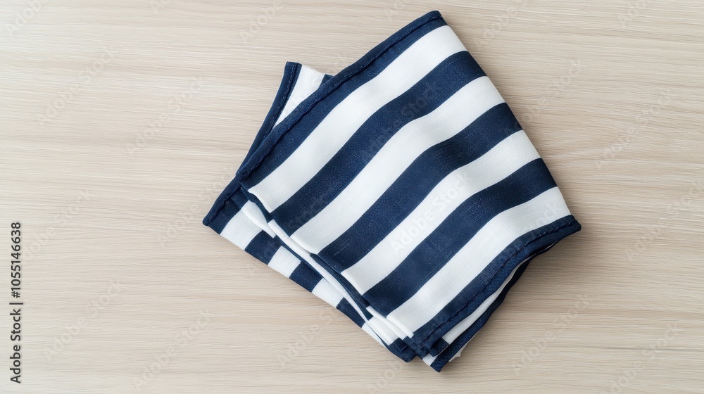 Obraz premium A classic navy blue and white striped handkerchief mockup laid flat on a light wood table surface