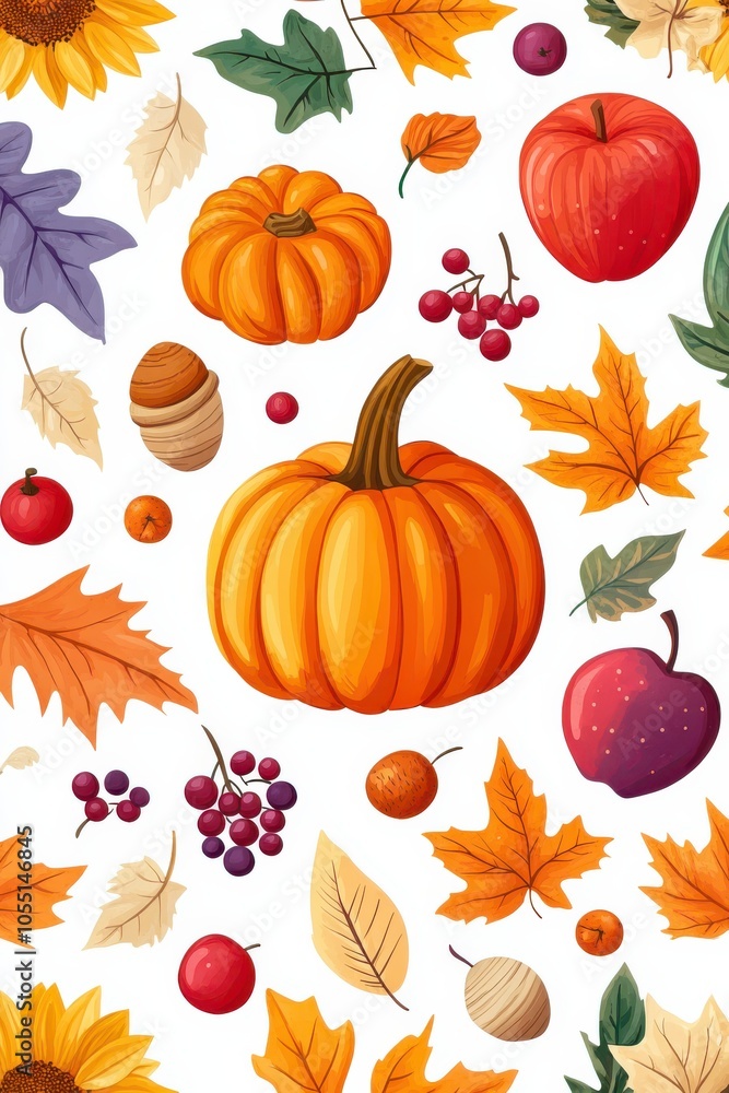 Seamless autumn pattern with pumpkins, leaves, and fruits Seamless autumn pattern with pumpkins, leaves, and fruits