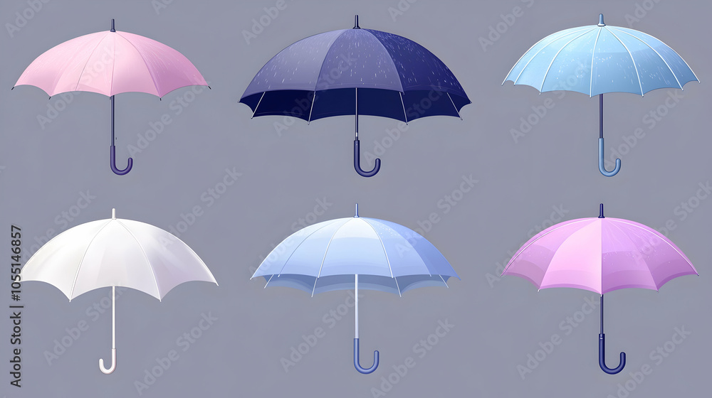Set of six colorful umbrellas isolated on grey background. Set of six colorful umbrellas isolated on grey background.