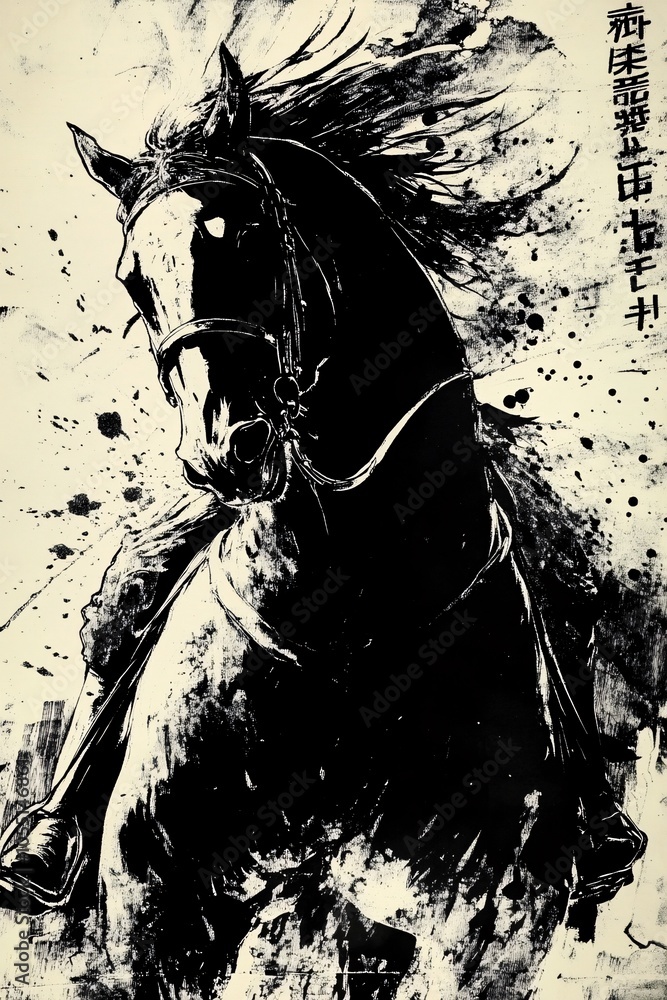 Galloping Horse: Black and White Ink Painting - Japanese Art Style Galloping Horse: Black and White Ink Painting - Japanese Art Style