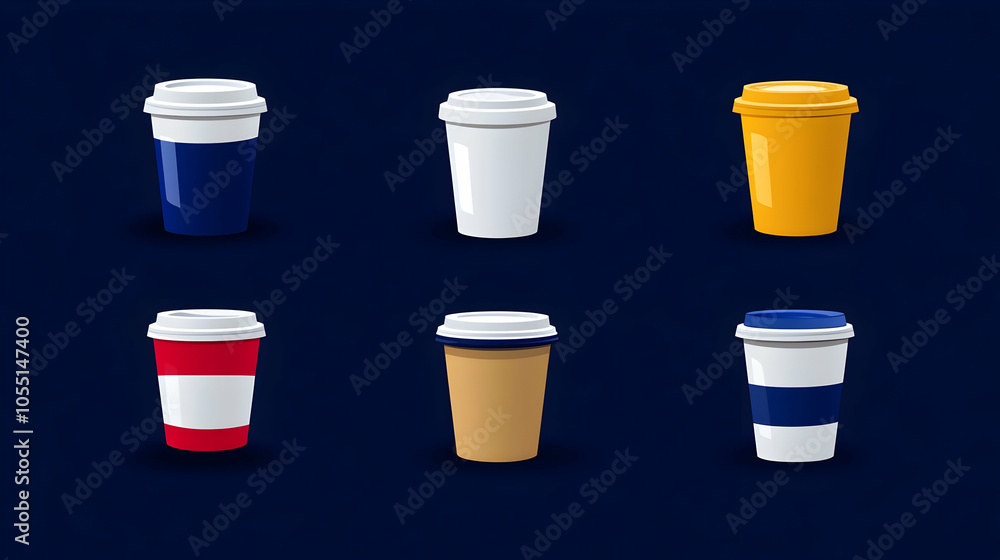 Six different coffee cups on a dark blue background. Six different coffee cups on a dark blue background.