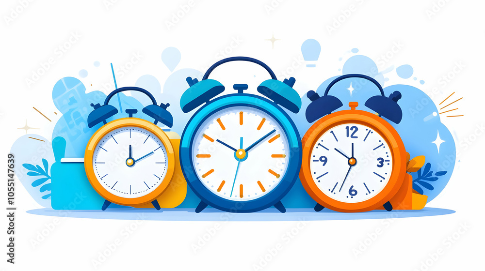 Three colorful alarm clocks in a row, with blue and orange accents. Three colorful alarm clocks in a row, with blue and orange accents.