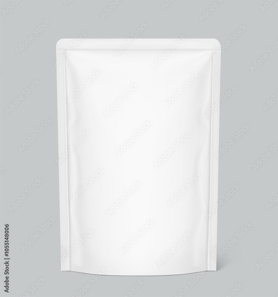 Food pouch bag mockup. Vector illustration isolated on grey background. Front view. Can be use for template your design, presentation, promo, ad. EPS10. Food pouch bag mockup. Vector illustration isolated on grey background. Front view. Can be use for template your design, presentation, promo, ad. EPS10.
