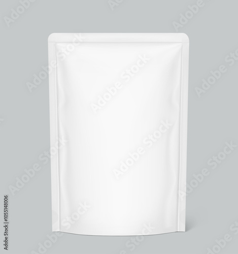 Food pouch bag mockup. Vector illustration isolated on grey background. Front view. Can be use for template your design, presentation, promo, ad. EPS10.	