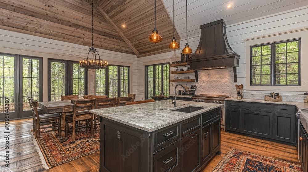 Modern farmhouse kitchen with a large island, dark cabinets, and a vaulted ceiling. Modern farmhouse kitchen with a large island, dark cabinets, and a vaulted ceiling.