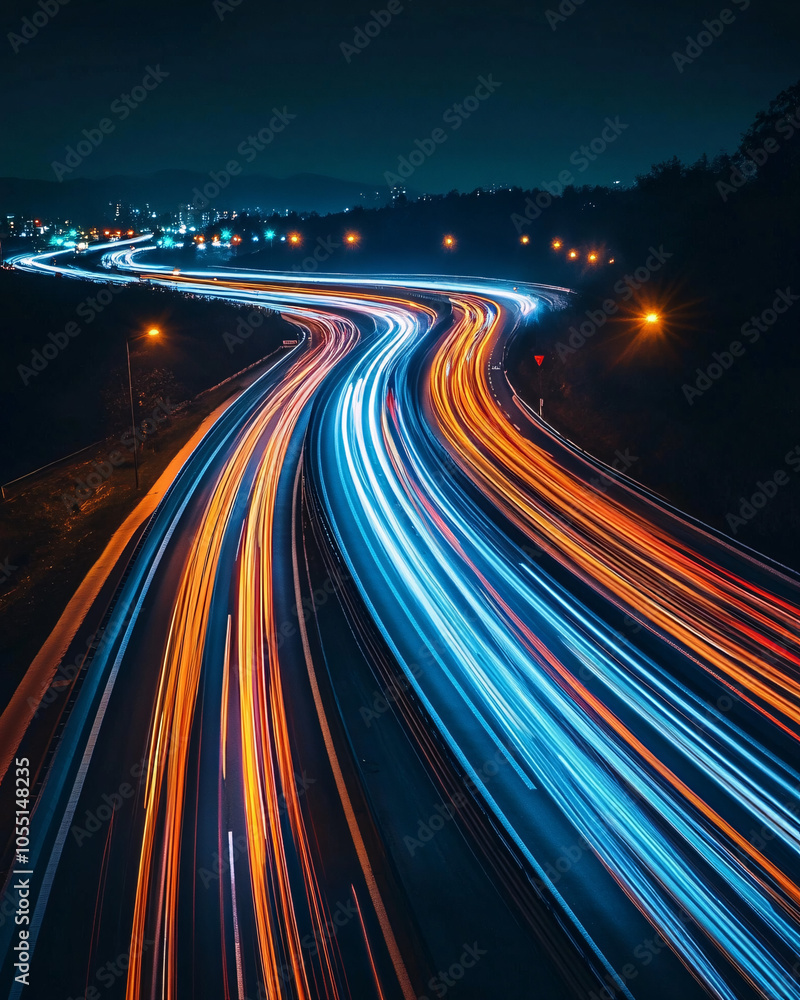 abstract night highway lights long exposure blue orange road traffic flowing cityscape abstract night highway lights long exposure blue orange road traffic flowing cityscape