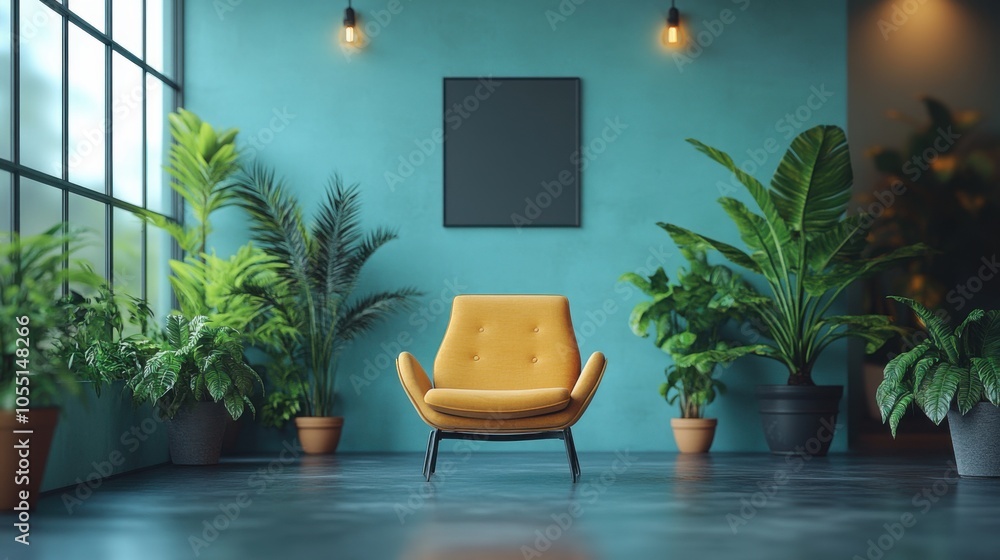 Cozy interior with a yellow chair and lush green plants. Cozy interior with a yellow chair and lush green plants.