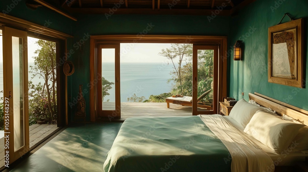 Bedroom in a green villa overlooking the ocean, nostalgic ambience
Bedroom in a green villa overlooking the ocean, nostalgic ambience