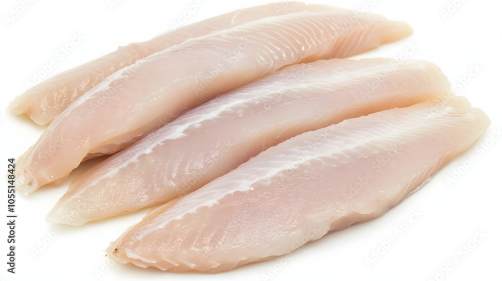 Four raw fish fillets on a white background. Four raw fish fillets on a white background.