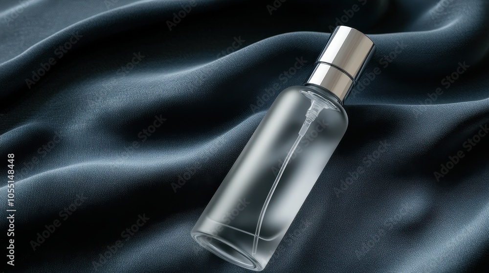 Naklejka premium A sleek silver-capped glass spray bottle rests elegantly on dark fabric