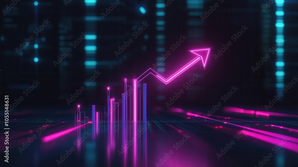 Dynamic neon graph arrow showing growth in a futuristic digital environment with vibrant colors and sleek design. Dynamic neon graph arrow showing growth in a futuristic digital environment with vibrant colors and sleek design.