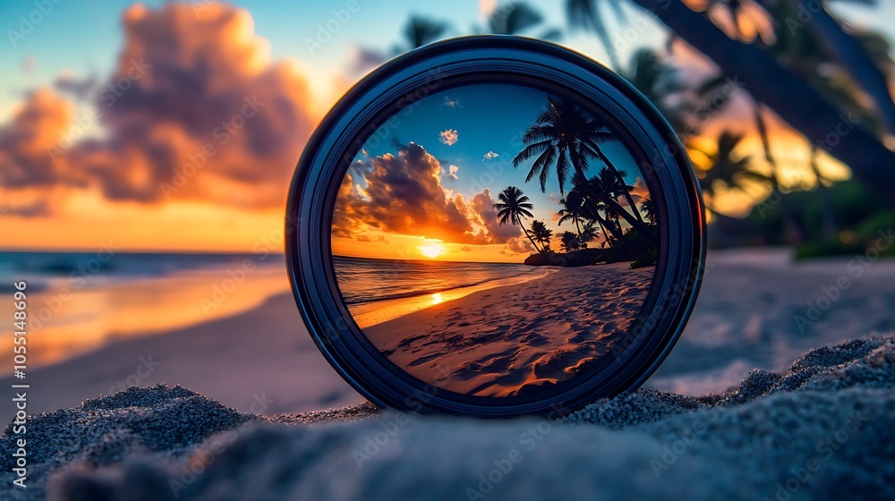 shot of a camera lens showing the reflection of a sandy beach, palm trees, and a vibrant sunset, blending travel photography with scenic beauty shot of a camera lens showing the reflection of a sandy beach, palm trees, and a vibrant sunset, blending travel photography with scenic beauty