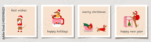 Set of Holiday cards with dachshund dogs with christmas decorations. Greeting cards.