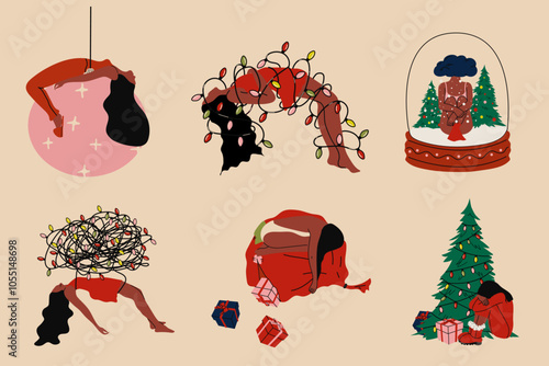Set of person experiences sadness and unhappiness during the Christmas holidays. Psychology concept