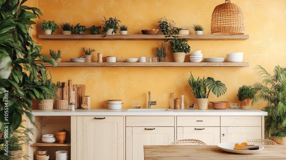 Modern kitchen interior with yellow wall, wooden shelves, and plants. Modern kitchen interior with yellow wall, wooden shelves, and plants.