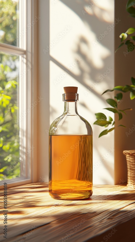 Clear liquor bottle filled with amber liquid shines on a rustic table in natural light Clear liquor bottle filled with amber liquid shines on a rustic table in natural light