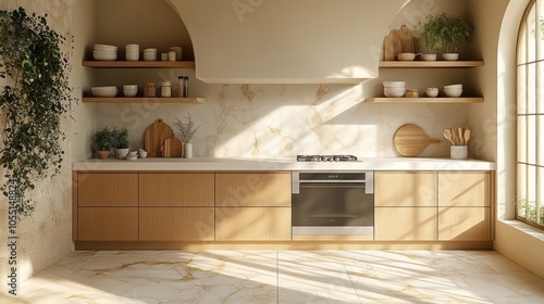 Modern kitchen interior with wooden cabinets, white countertop, and marble backsplash. Sunlight streams through a large window.