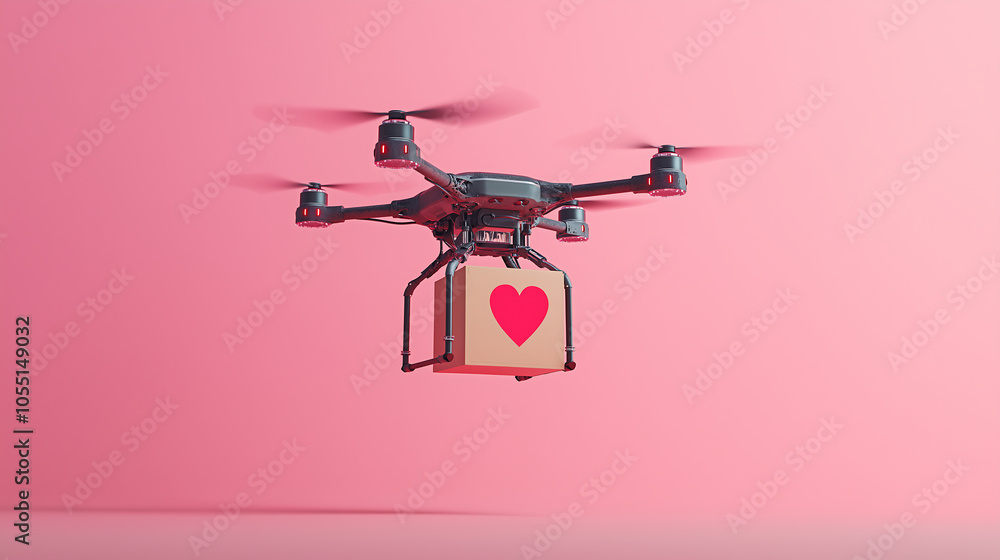 The futuristic drone carries a box with a red heart on a pink background, symbolising love, technology and modern delivery concepts, perfect for a Valentine's Day theme. The futuristic drone carries a box with a red heart on a pink background, symbolising love, technology and modern delivery concepts, perfect for a Valentine's Day theme.