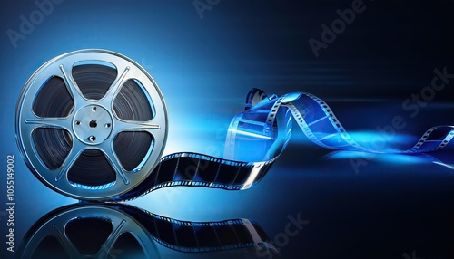 film reel wheel, Digital blue and black film strip background on blue gradient background