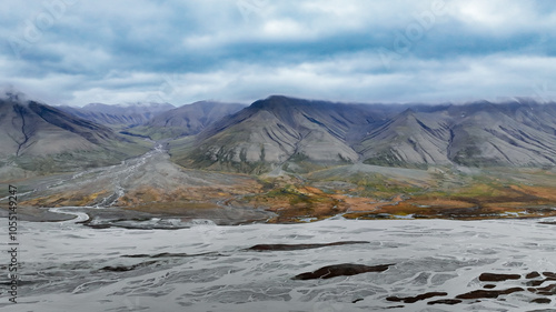 Majestic landscape of Svalbard with mountains and rivers under an overcast sky