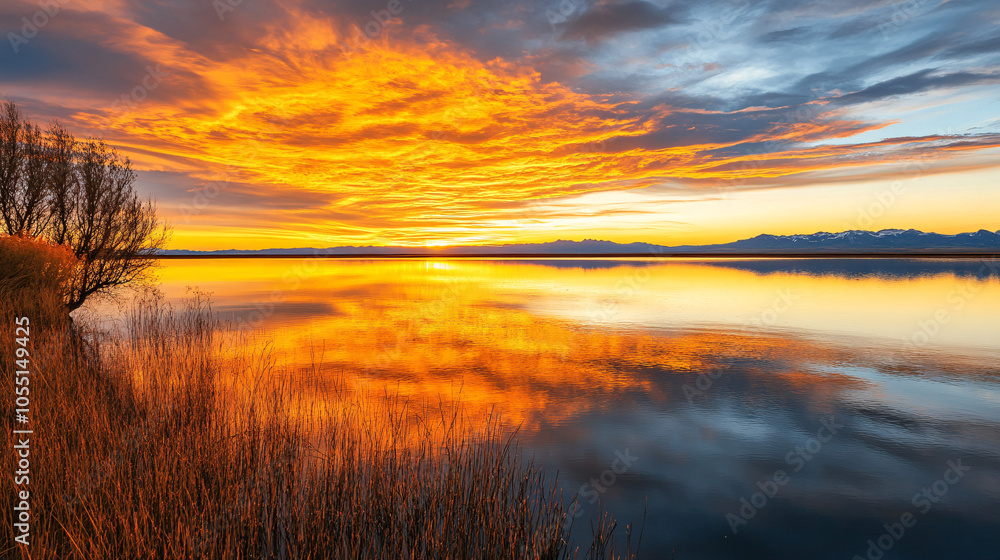 Fototapeta premium dramatic orange sunset over calm lake water and mountains in the distance