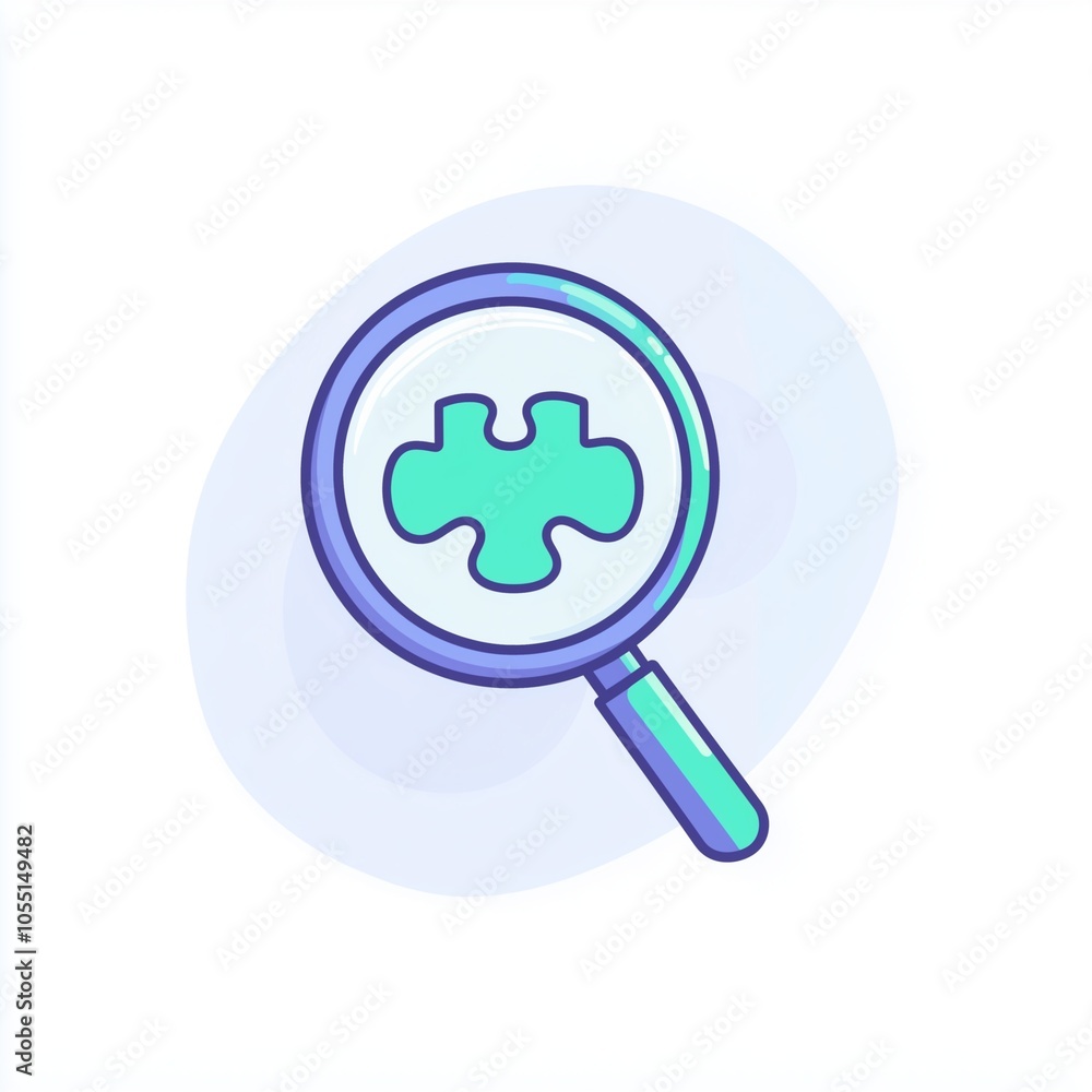 Clipart flat art style icon of a magnifying glass with a puzzle piece inside, pastel blues and greens with minimal lines.Puzzle search Clipart flat art style icon of a magnifying glass with a puzzle piece inside, pastel blues and greens with minimal lines.Puzzle search