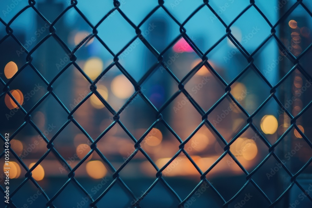 Fototapeta premium A close-up of a chain-link fence with blurred city lights in the background, symbolizing urban isolation, barriers, and the divide between freedom and confinement, with metallic reflections