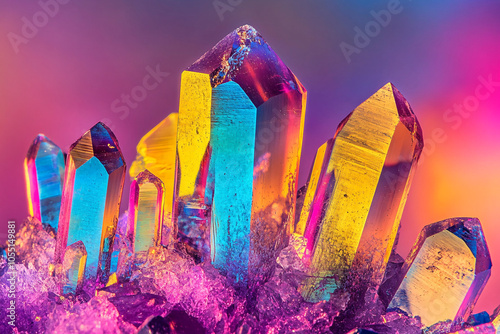 rainbow crystal cluster with purple pink background macro photography