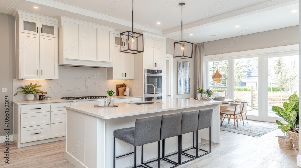 Modern kitchen with white cabinets, a large island, and a dining area with patio doors. Modern kitchen with white cabinets, a large island, and a dining area with patio doors.