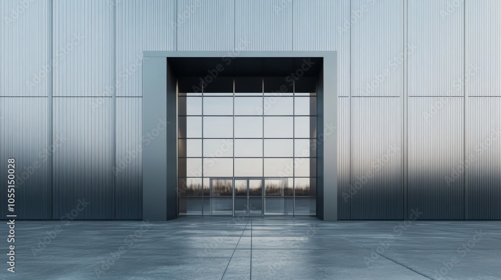 Modern Industrial Entrance: A sleek, minimalist architectural design featuring a large glass-paneled door set within a brushed metal facade. Perfect for showcasing concepts of modern architecture. Modern Industrial Entrance: A sleek, minimalist architectural design featuring a large glass-paneled door set within a brushed metal facade. Perfect for showcasing concepts of modern architecture.