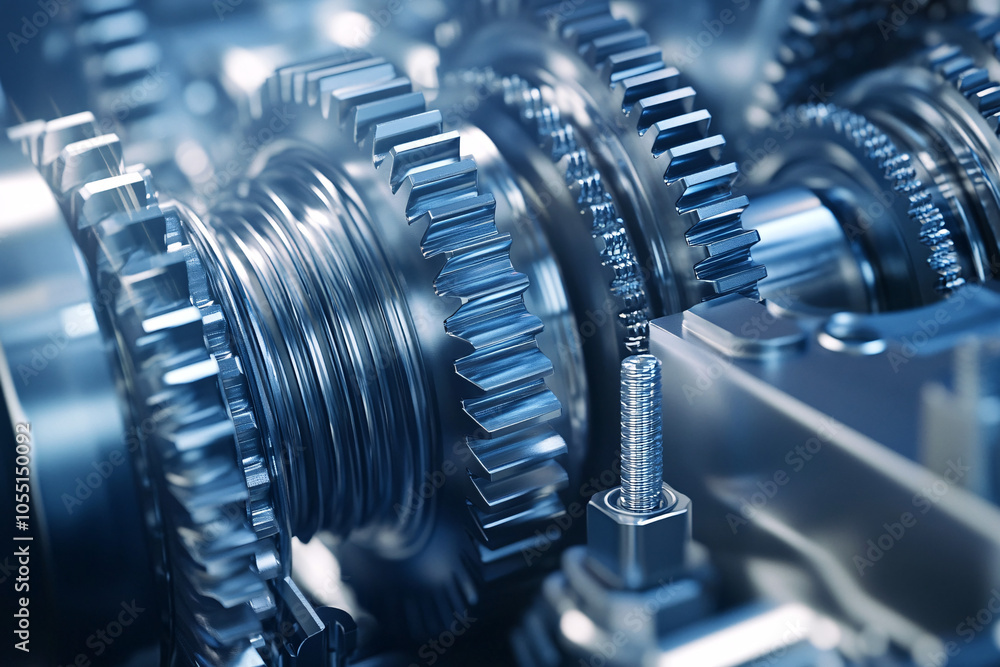 closeup of shiny silver and blue metallic gear system with a bolt 3d render closeup of shiny silver and blue metallic gear system with a bolt 3d render