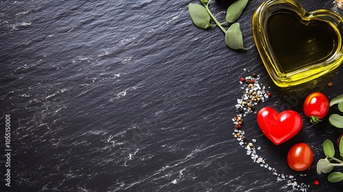 Heart-shaped olive oil, tomatoes, and herbs on a black slate background.