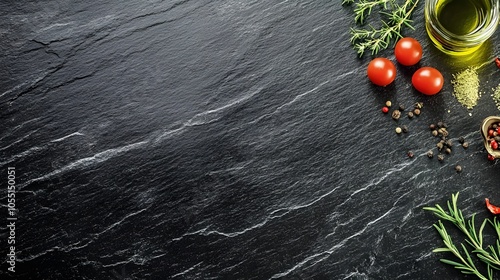 Black slate background with spices and tomatoes.