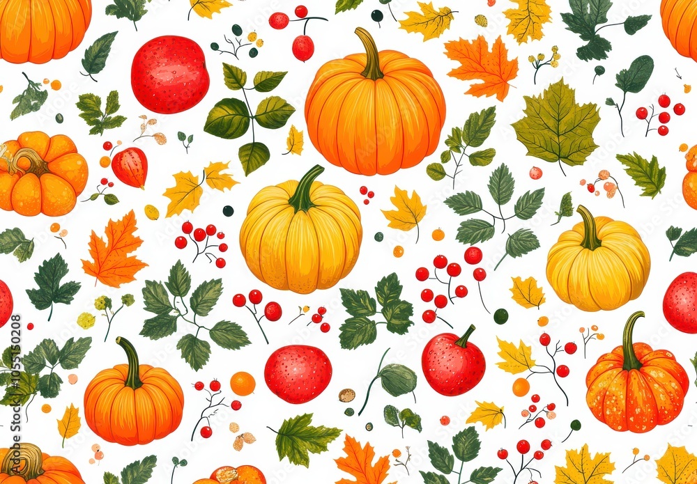 Seamless pattern of autumn pumpkins and leaves in vibrant colors Seamless pattern of autumn pumpkins and leaves in vibrant colors
