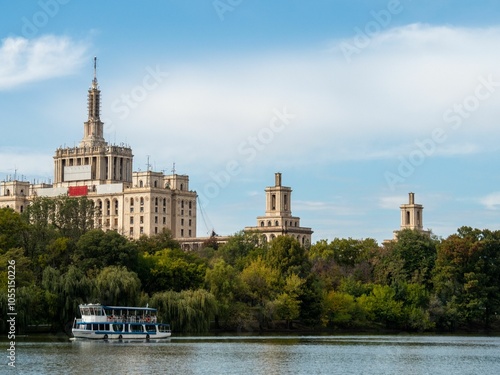 House of the Free Press in Bucharest with lake view.