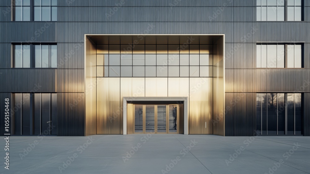 Obraz premium Modern Architectural Entrance: A sleek, contemporary building's entrance, featuring a striking contrast of dark metal cladding and a gleaming gold-toned recessed section.